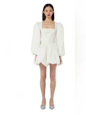 Pann Corset Bubble Hem Mini Bell Dress Square Neck Puff Long Sleeve Large Cotton
